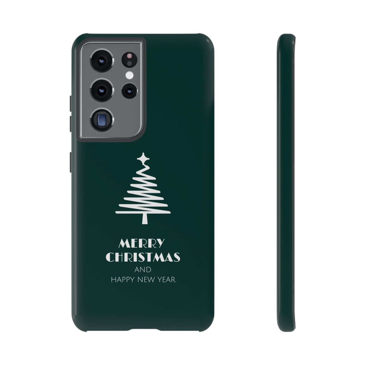 Dark green glossy phone case with Christmas tree graphic and "Merry Christmas"