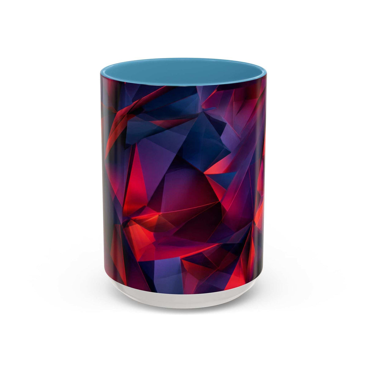 Ceramic mug with geometric red and navy abstract wrap; light blue top and white base ring