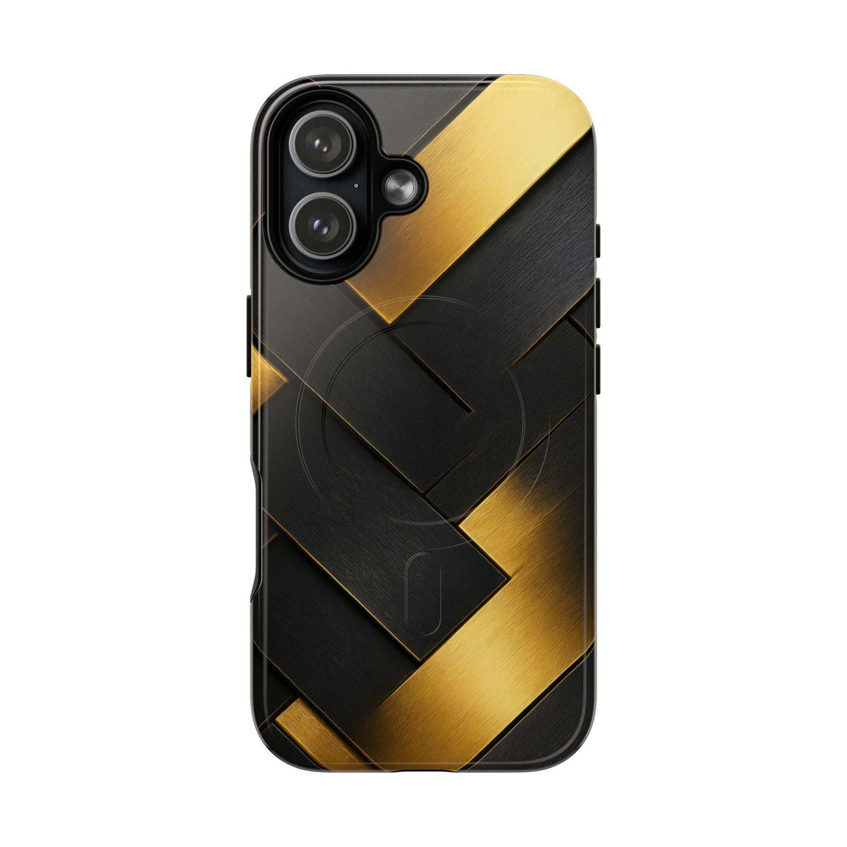 Glossy black phone case with gold geometric pattern and raised camera protection