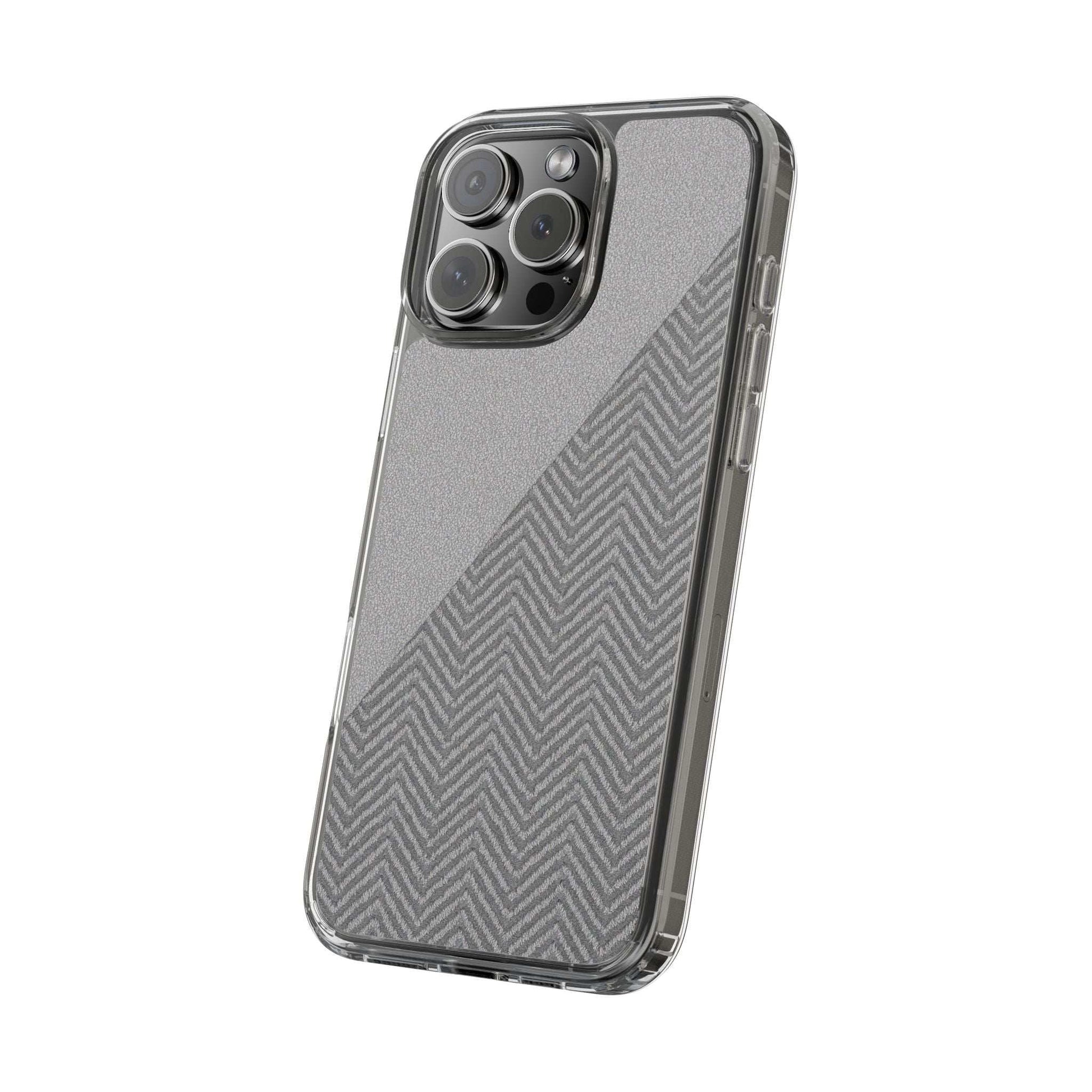 Dark herringbone tough phone case with clear bumper and camera cutouts