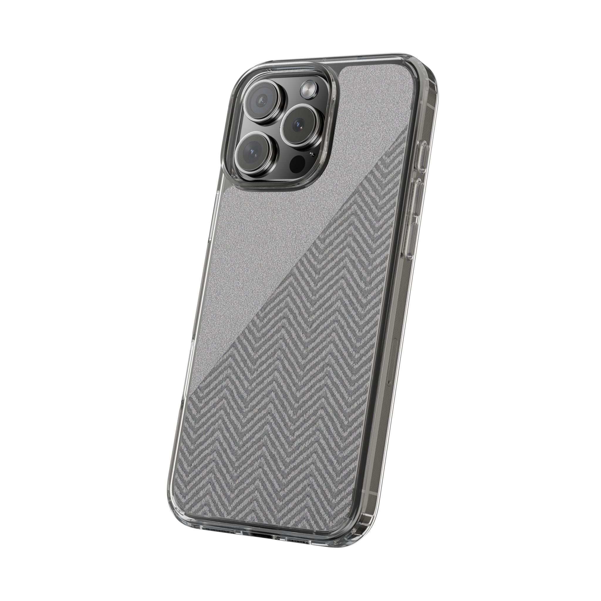 Dark herringbone tough phone case with clear bumper and camera cutouts