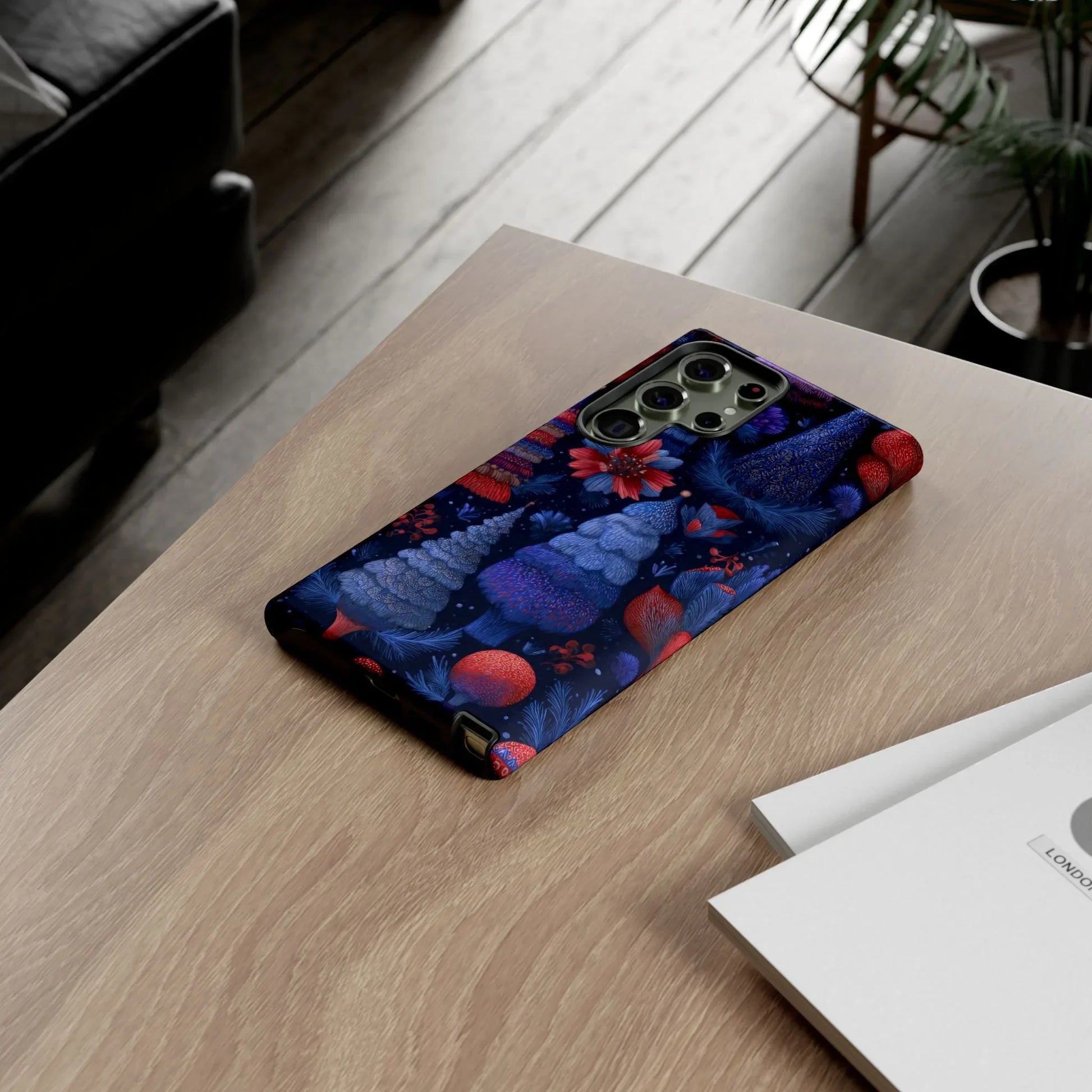 Midnight Blue Christmas Forest Phone Case for iPhone 8-17 and Galaxy S21–S25 - KARARMDESIGN