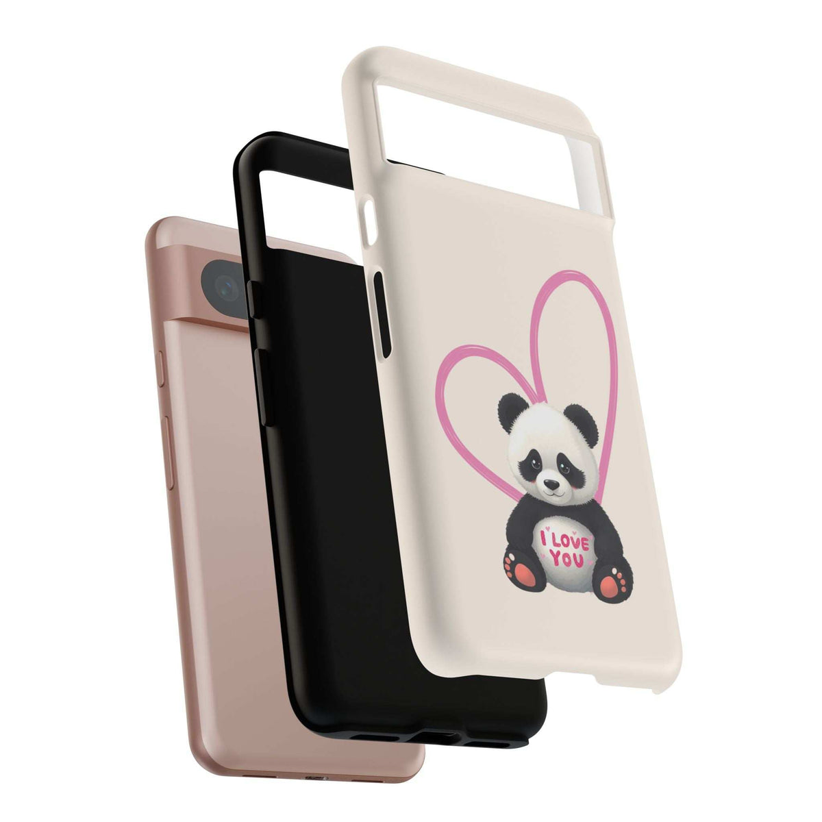 Beige phone case with panda in pink heart, with pink and dark phone backs behind