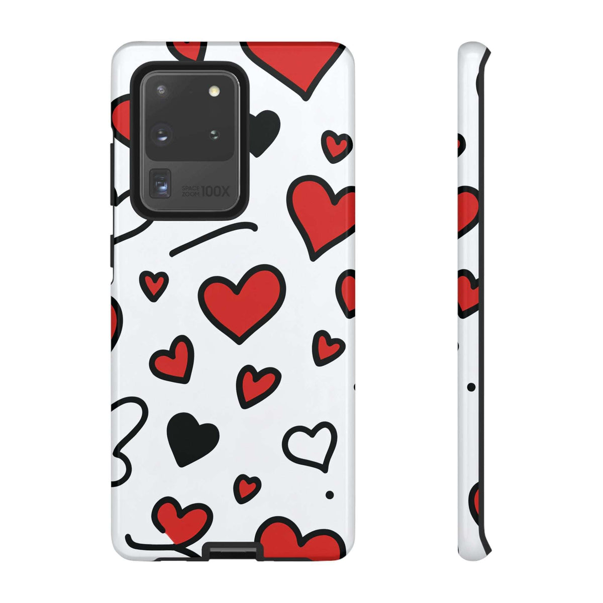 White phone case with scattered red, black, and outlined hearts; camera module cutout.