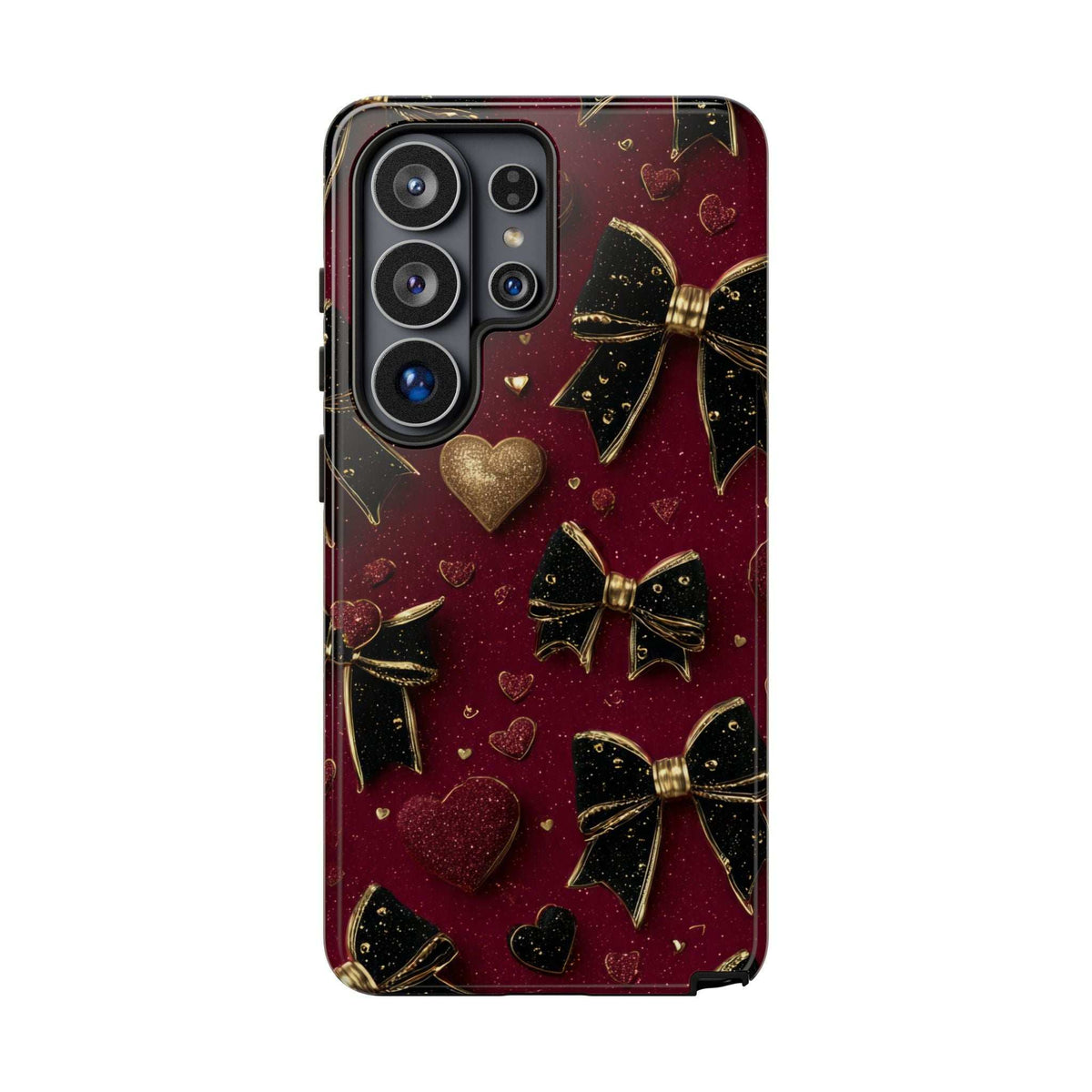 Valentine charm phone case back view; burgundy glitter hearts with gold bow design
