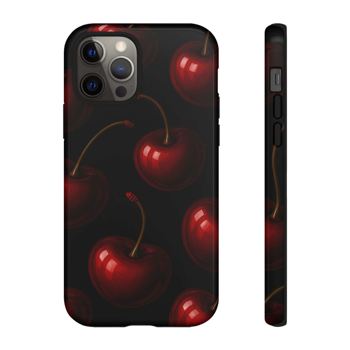 Glossy phone case with red cherries on dark background; front camera cutouts visible