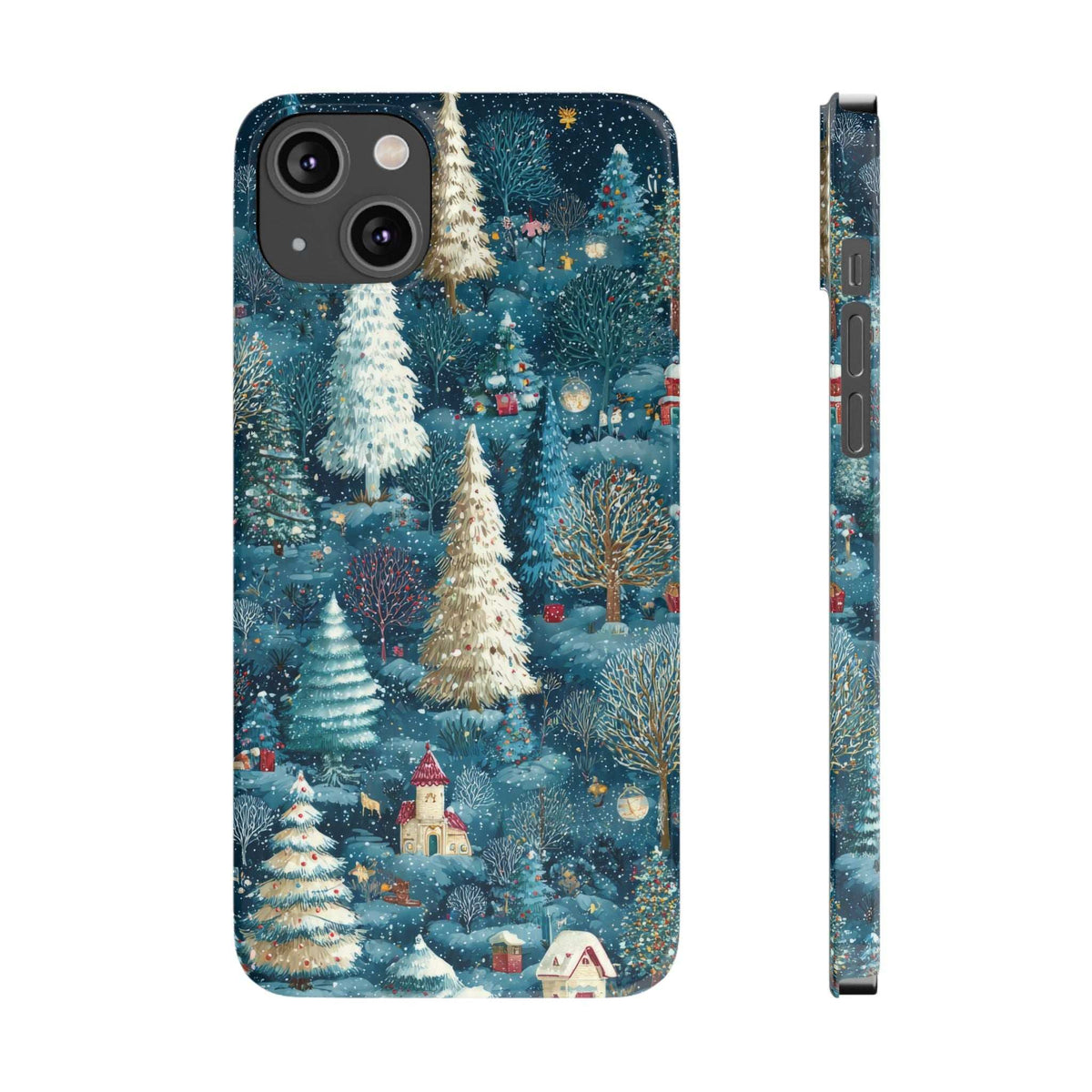 Frosty forest phone case with snowy evergreens and village lights, side view.