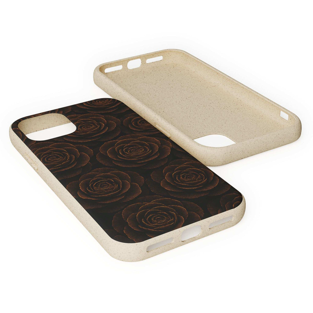Phone case pair, dark rose front and light wood back cover
