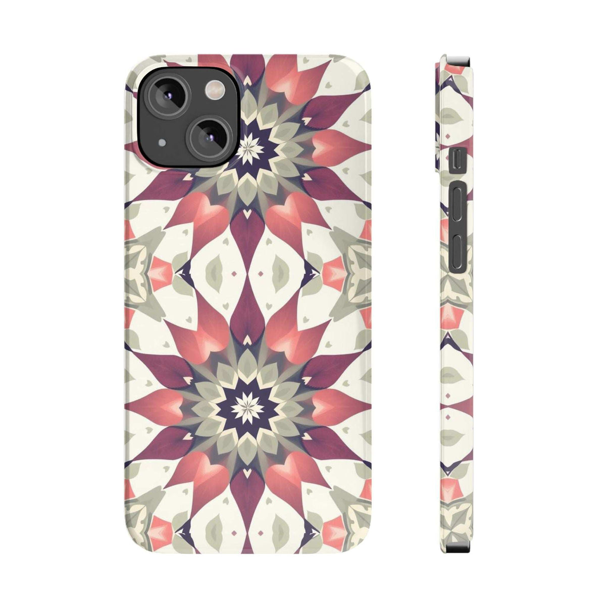 Smartphone phone case front and side view with burgundy mandala starburst pattern