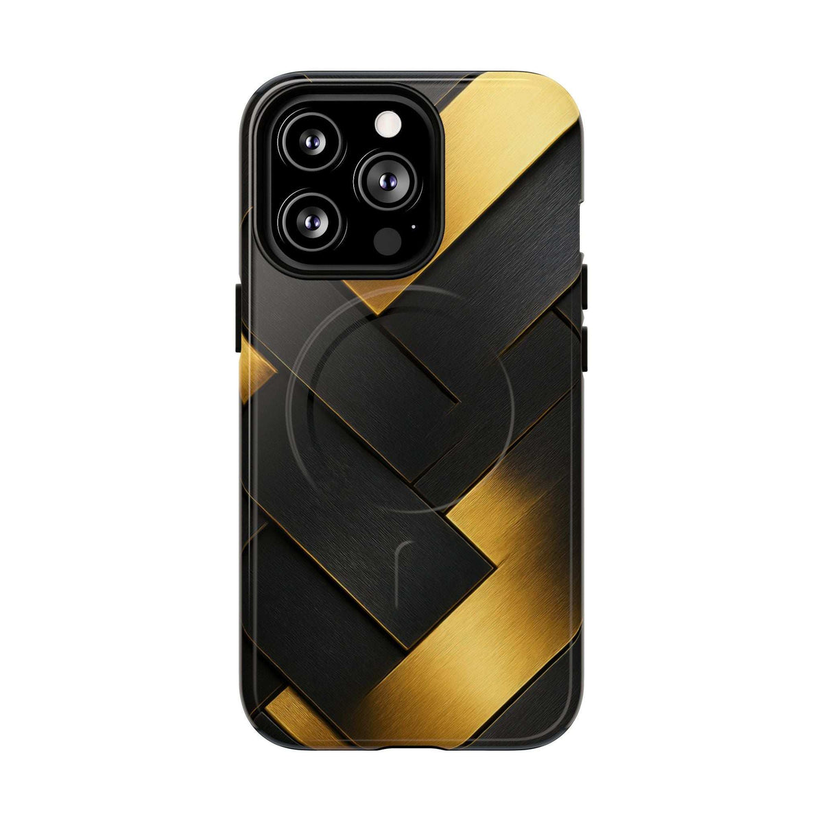 Glossy black phone case with gold geometric bands and protective camera housing