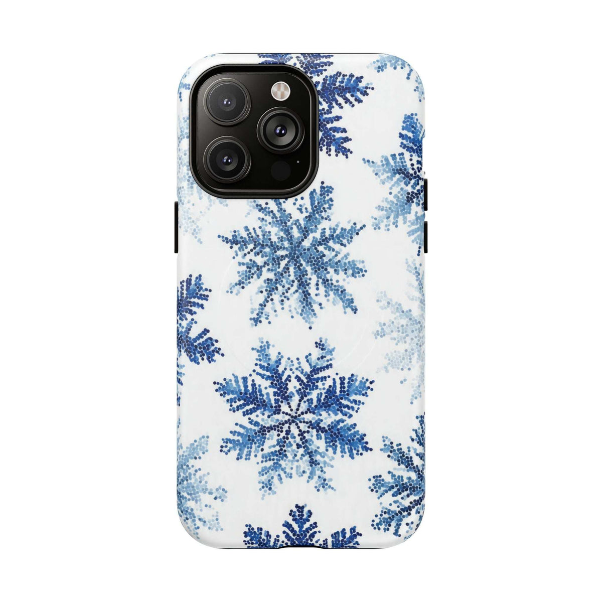 Snowflake-pattern phone case, white with blue flakes and raised camera opening