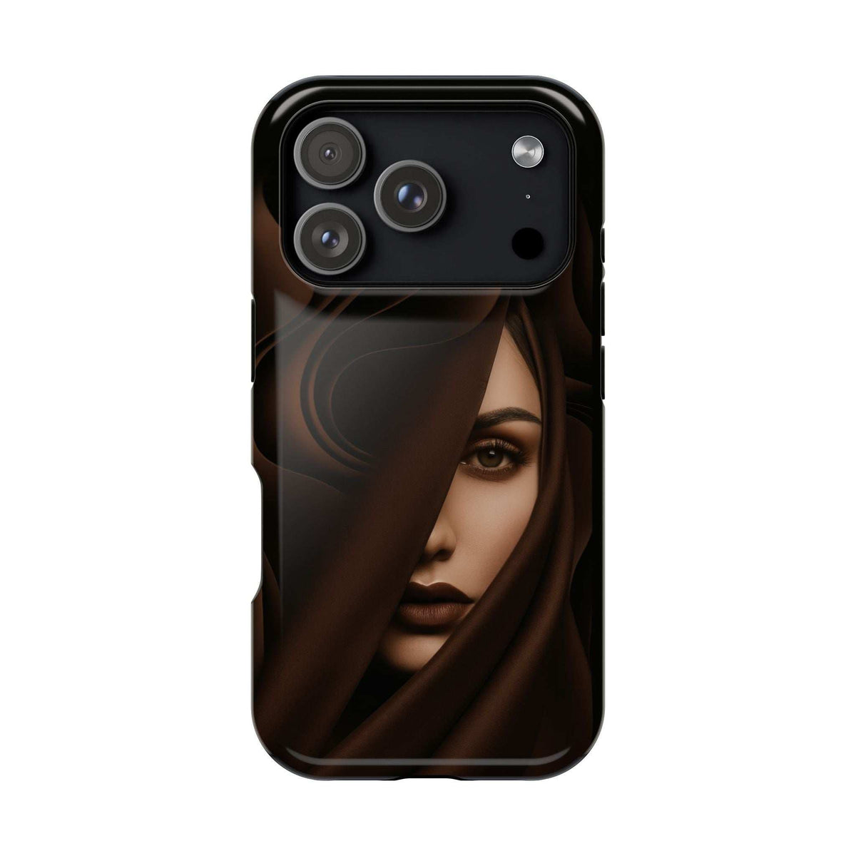 Black phone case showing moody woman portrait with triple-camera cutouts