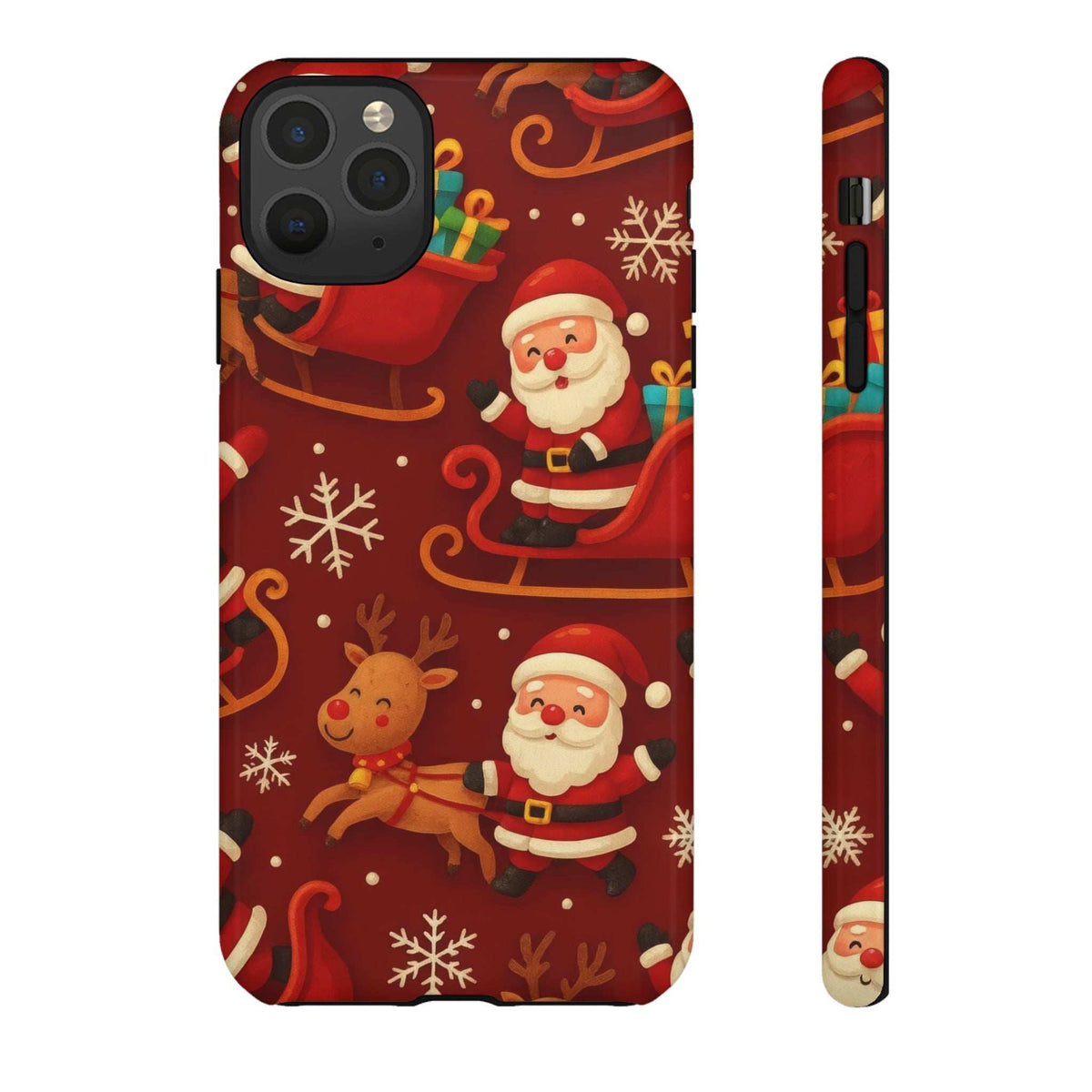 Glossy red phone case showing Santa and reindeer with sleigh, camera area