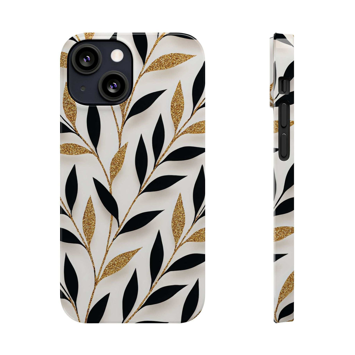 iPhone phone case with white-and-black botanical leaves and gold glitter accents; back and side