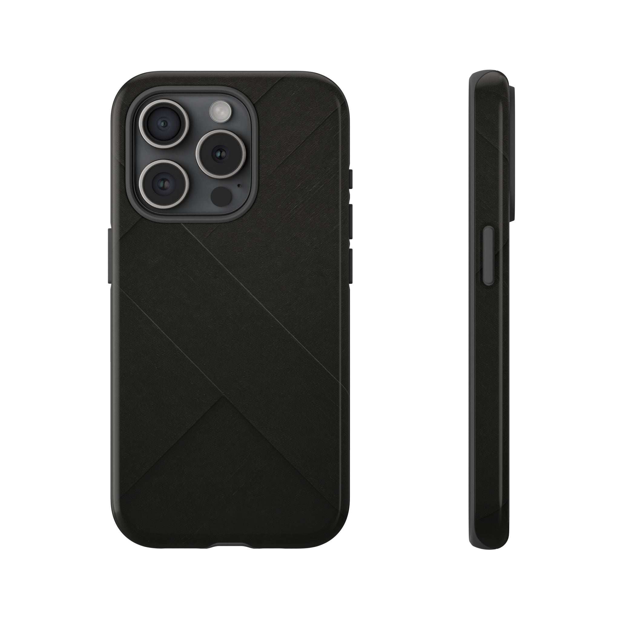 Matte black phone case with diagonal design, camera cutouts, and visible side button cutouts