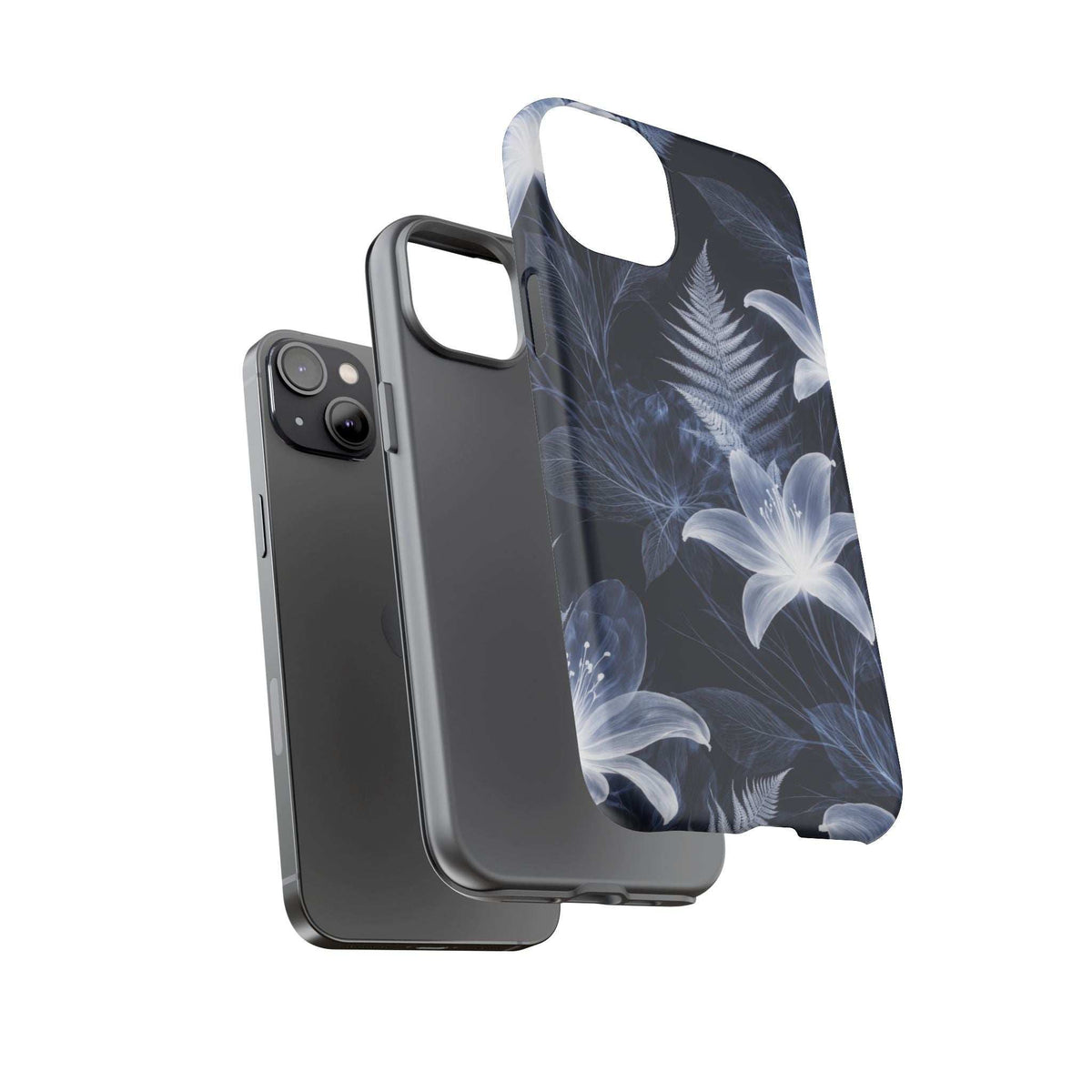 Transparent phone case with blue flower and leaf pattern, protective raised bezel at top
