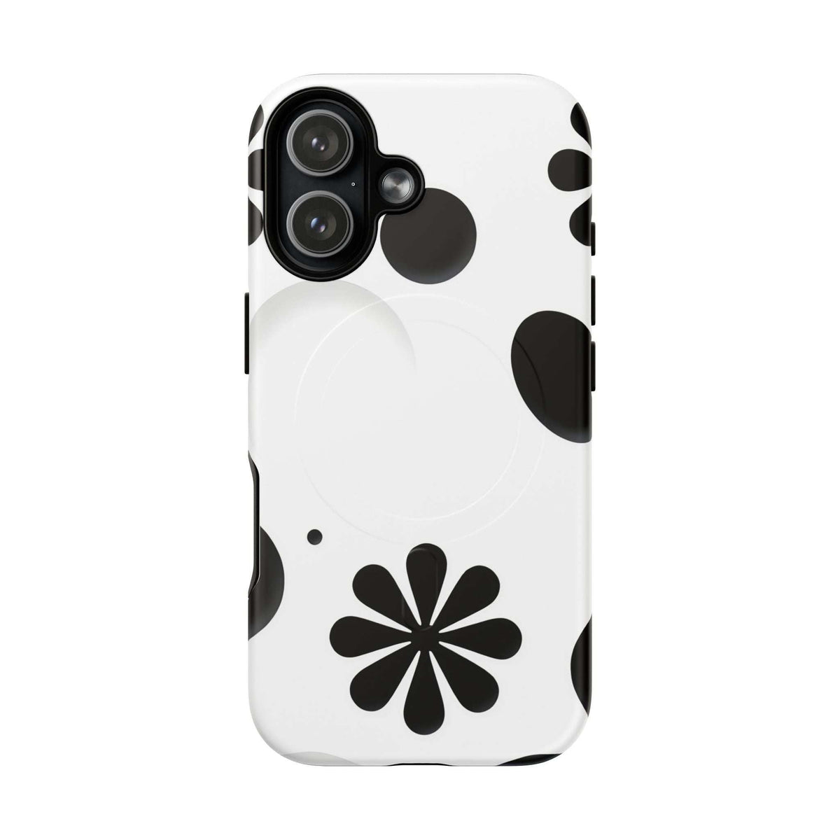 Phone case with black flower and dots on white, camera lenses and side cutouts