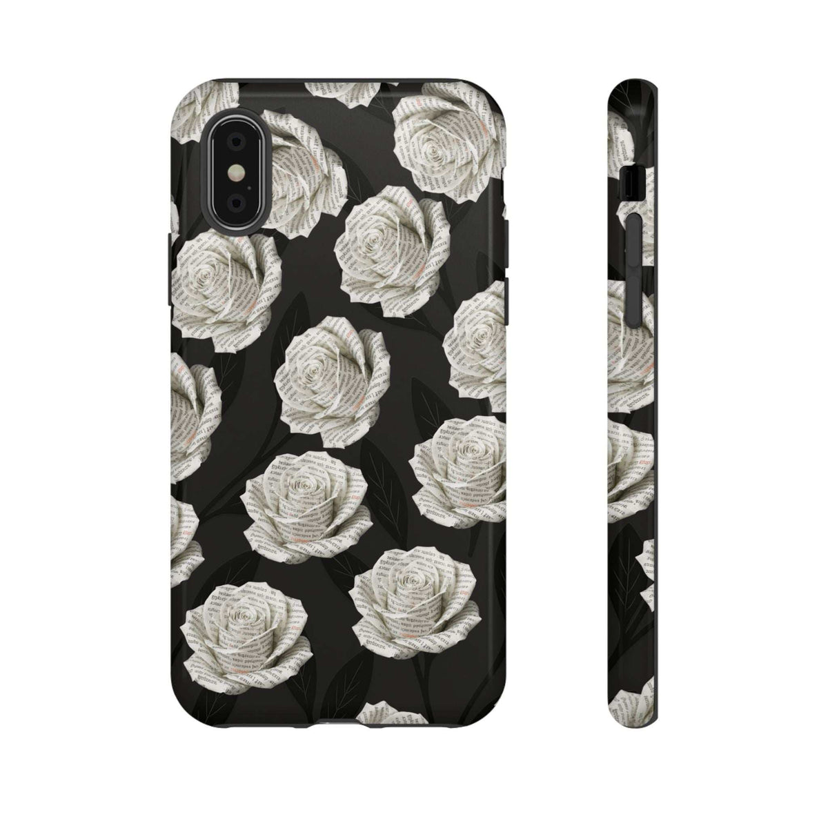 Black phone case with white rose pattern and camera cutout, protective edge detail shown