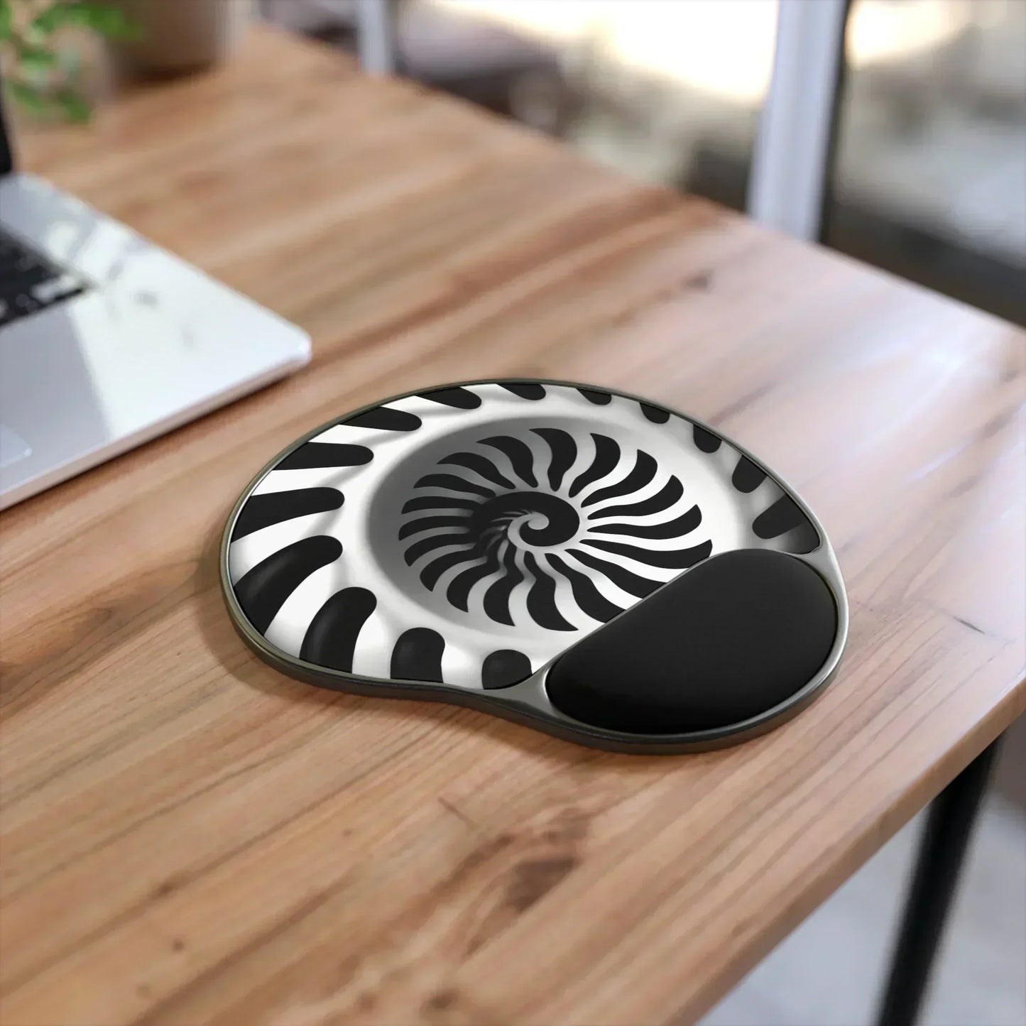 Ergonomic Mouse Pad with Wrist Rest – Black & White Spiral Optical Illusion Design - KarArmDesign