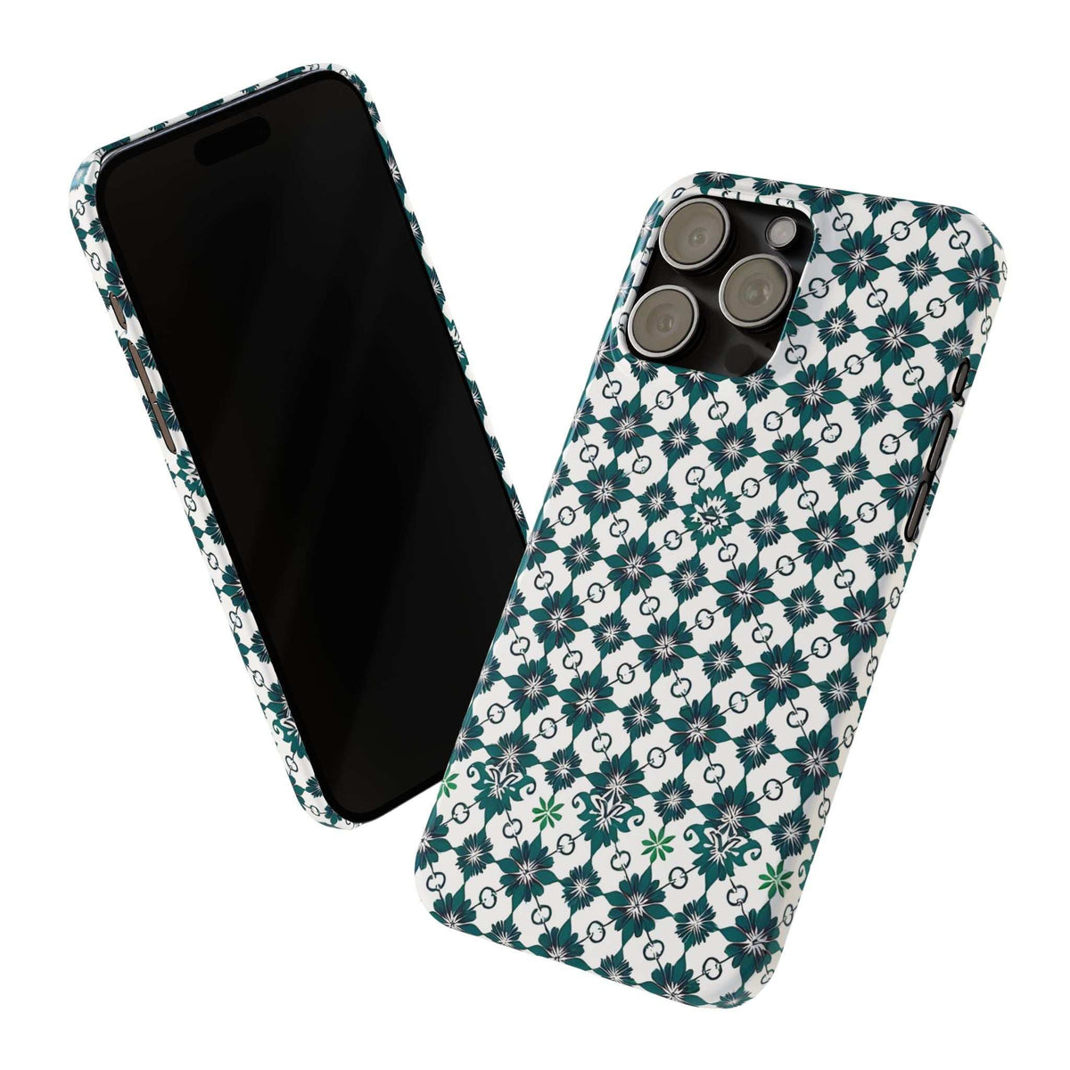 Phone case with teal floral geometric pattern shown front and back with camera cutouts