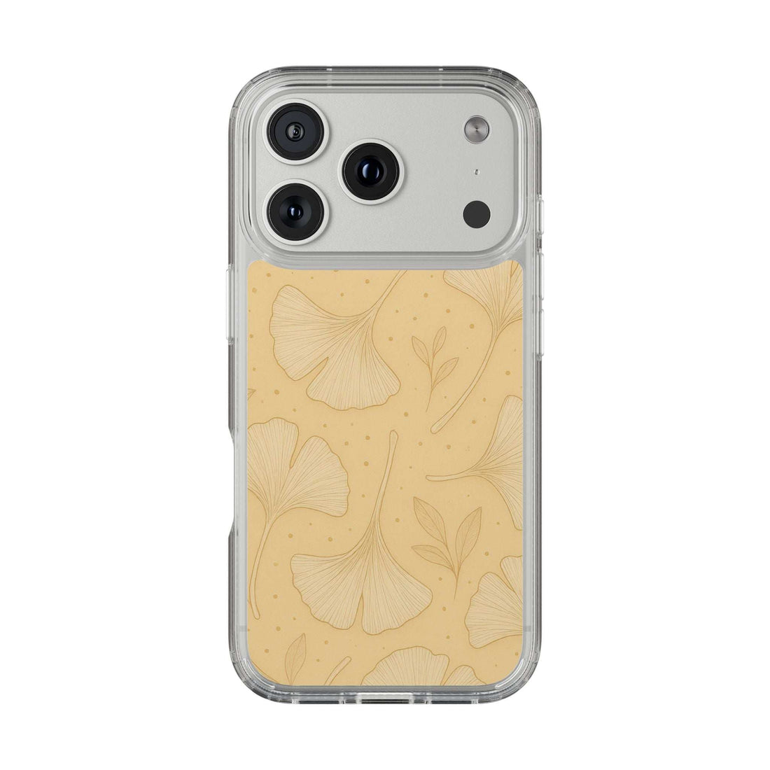 Beige ginkgo floral phone case with transparent sides and separate camera cutouts