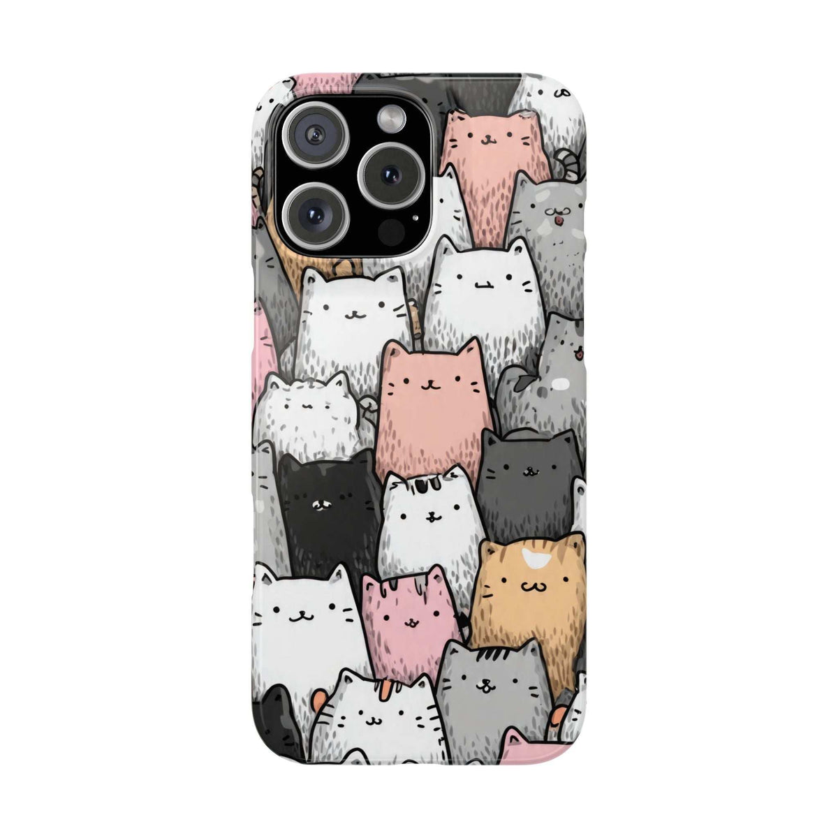 iPhone 11-17 cat patterned phone case with raised edges around camera and flash