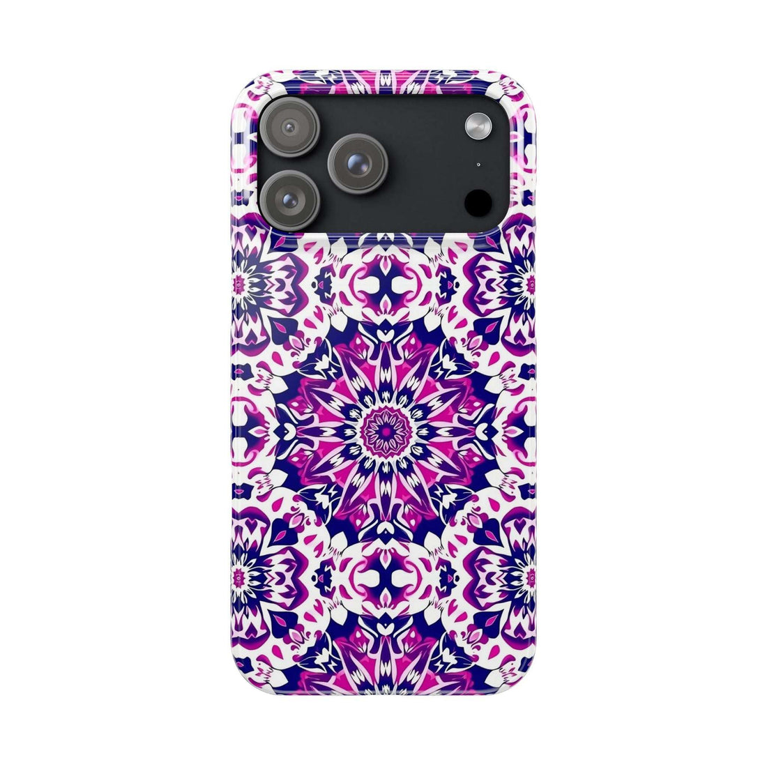 Phone case with purple-pink mandala floral pattern and black camera cutouts
