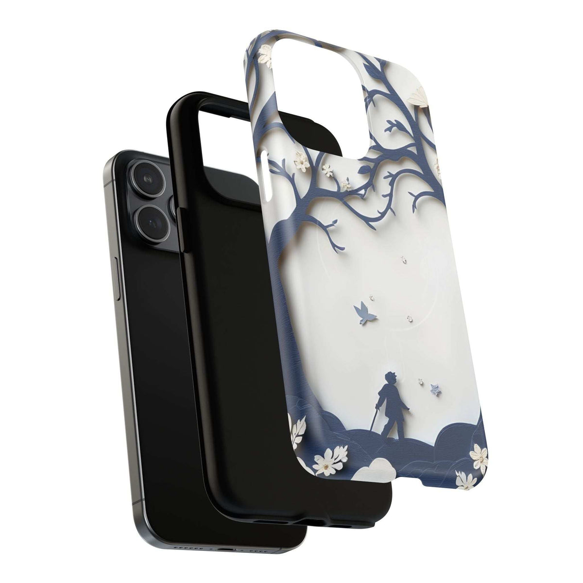iPhone phone case back view, blue landscape silhouette with flowers and small bird shapes