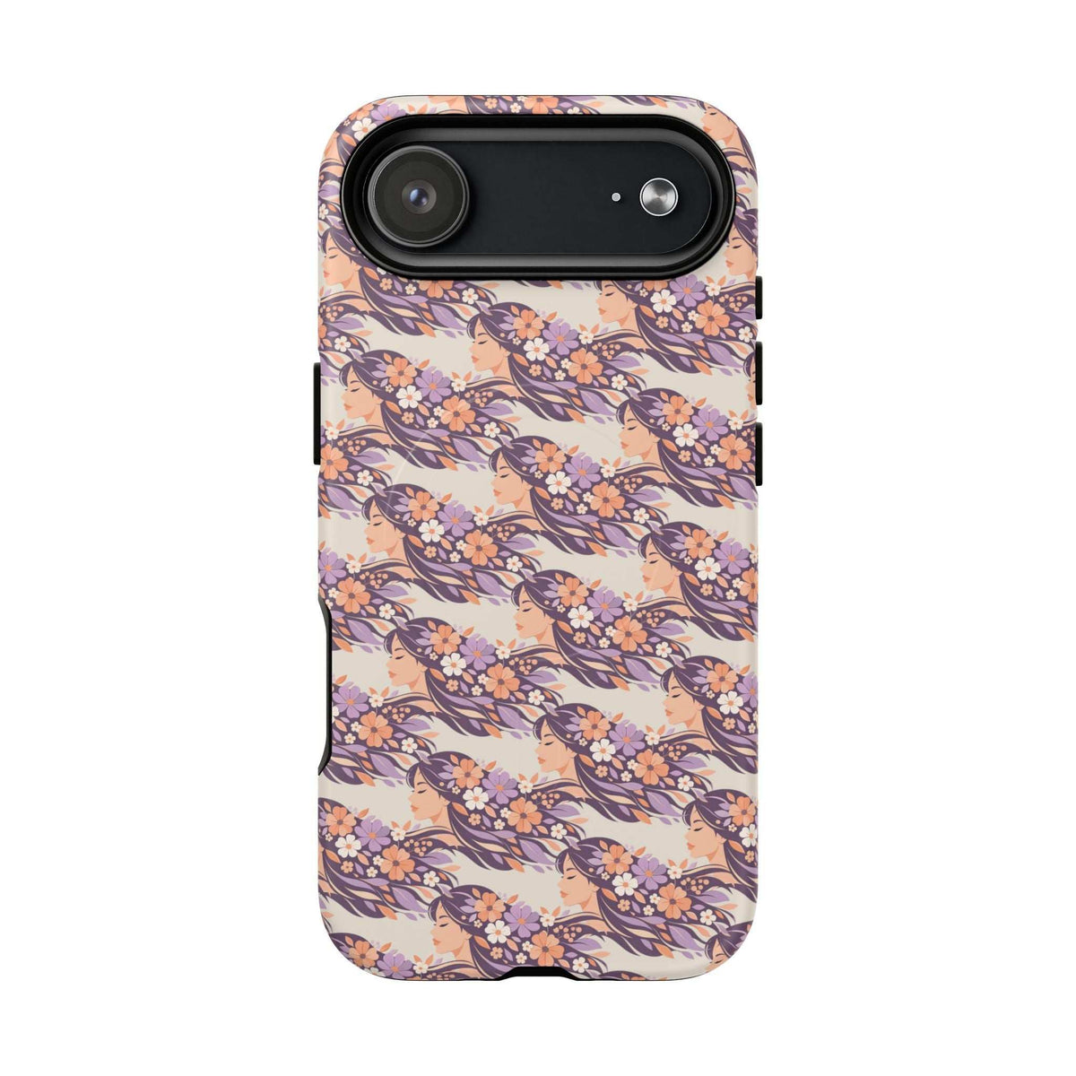 Floral phone case with dual-camera cutout, pink and navy blossom pattern
