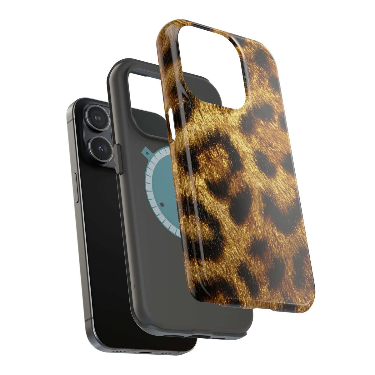 Leopard print glossy phone case angled closeup, tan and brown leopard spots with camera area.