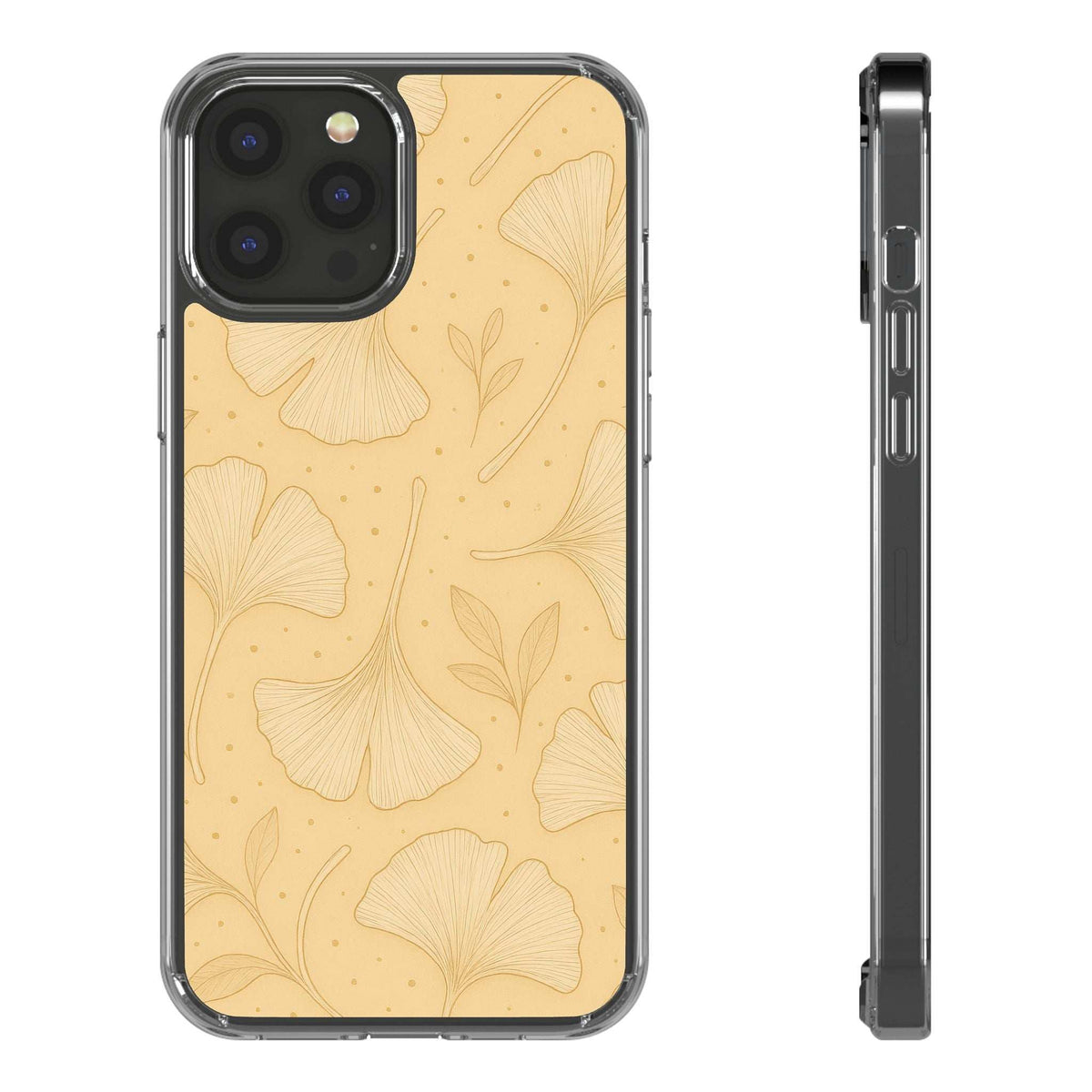 Tan ginkgo floral phone case back view with camera cutout and clear bumper sides