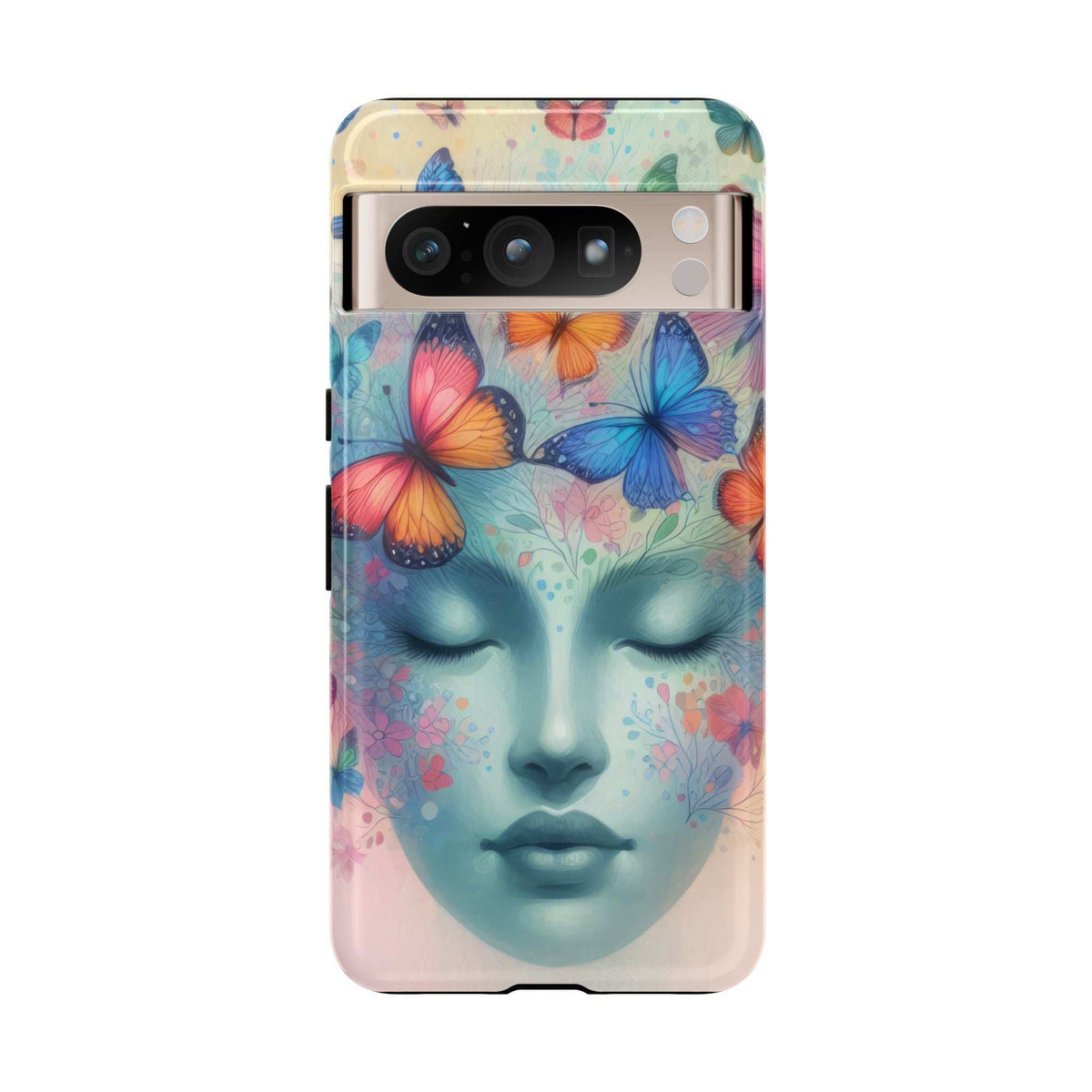 Butterfly face phone case with wide camera bar cutout, pastel blue and pink butterfly design