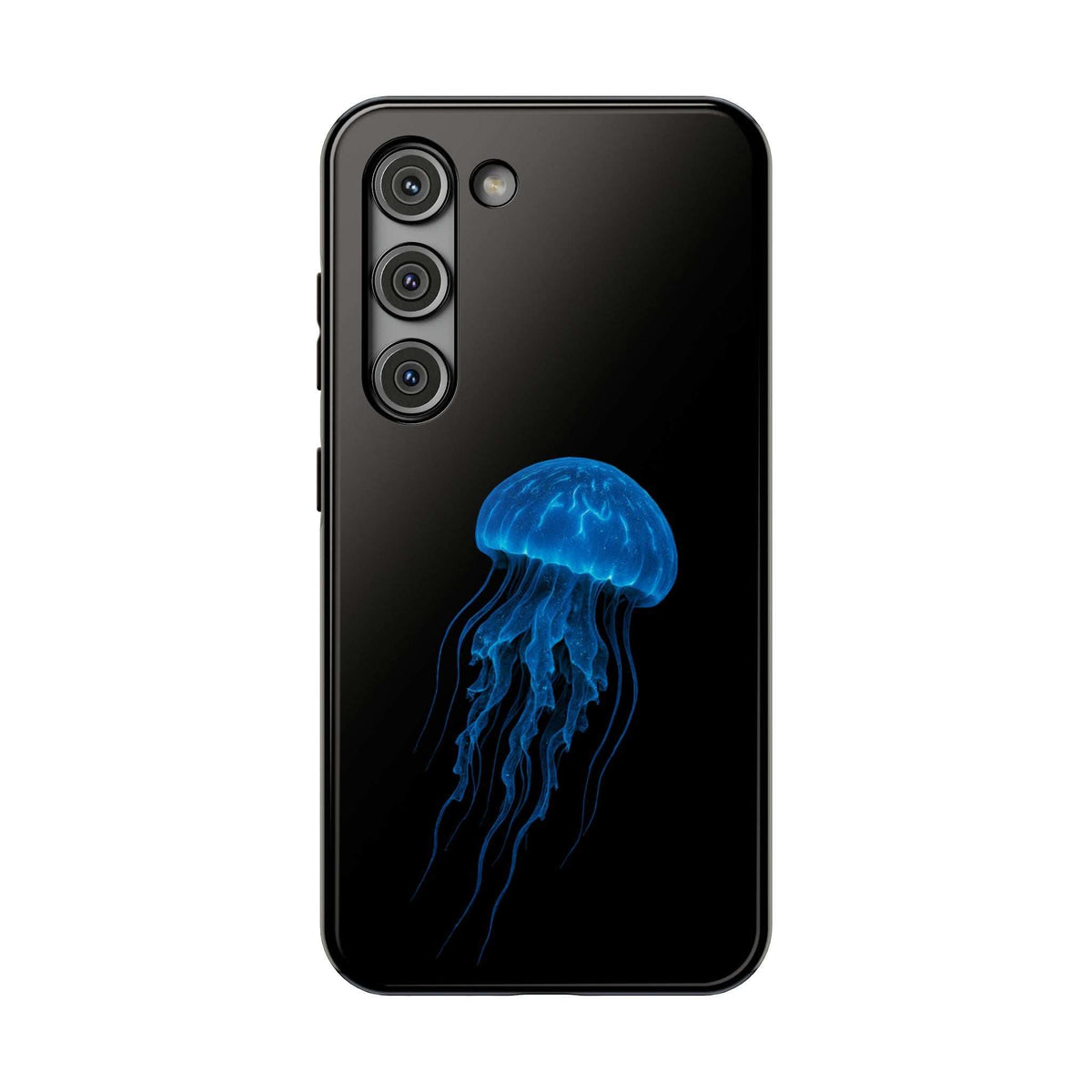 Black phone case with blue jellyfish graphic and visible camera cutouts on top-left