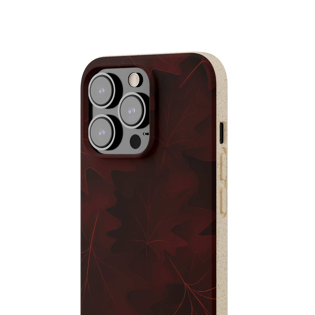 Burgundy leaf-pattern phone case, front view with quad-camera cutout.
