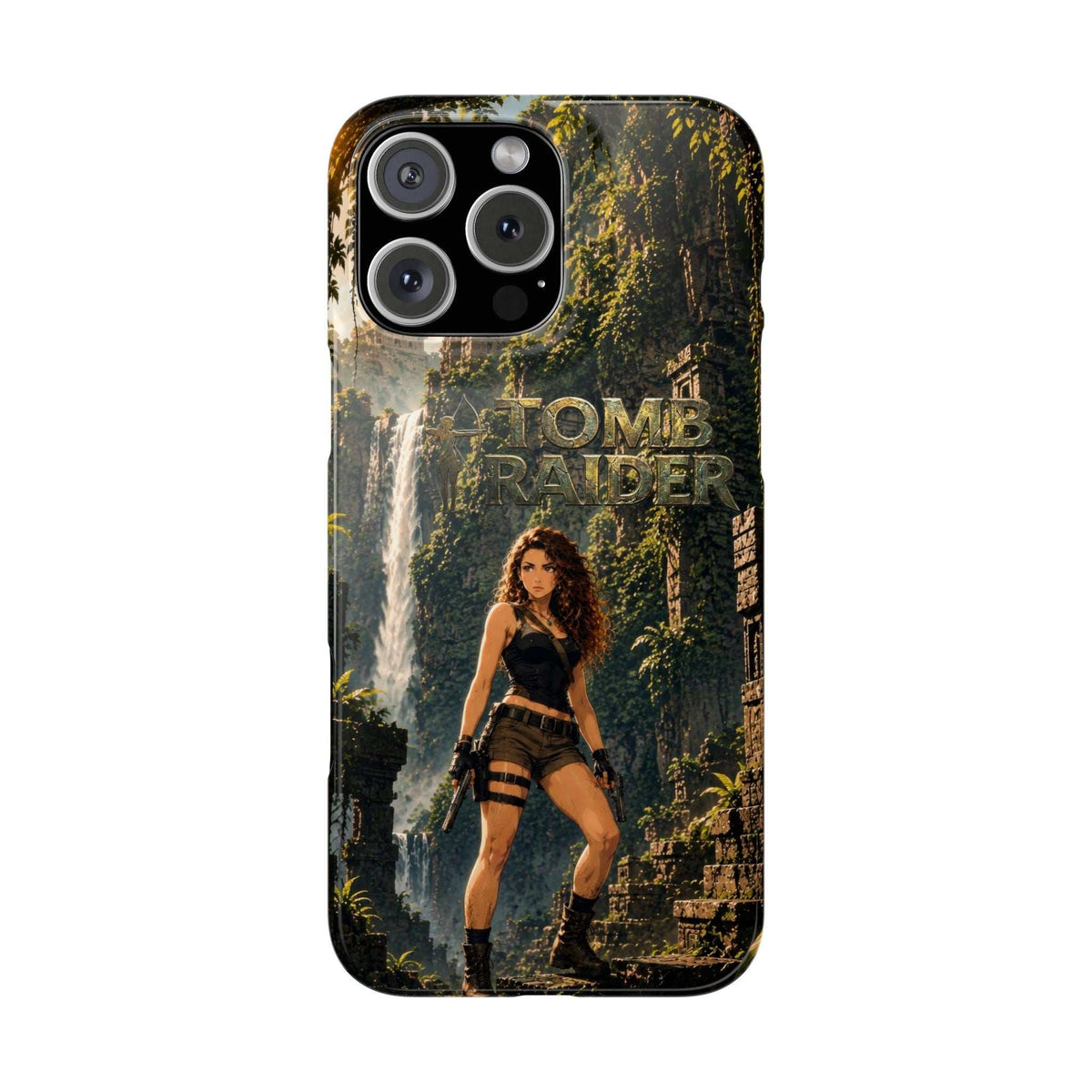 Phone case for iPhone 11–17 with jungle scene and “TOMB RAIDER” text on back