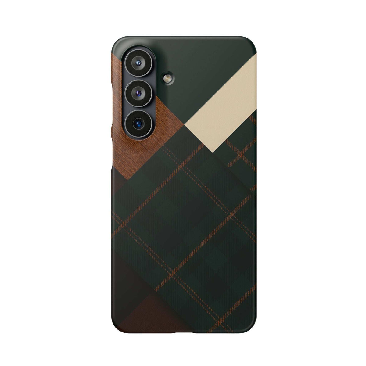 Rustic green phone case with wood grain detail, plaid pattern, and front camera cutouts