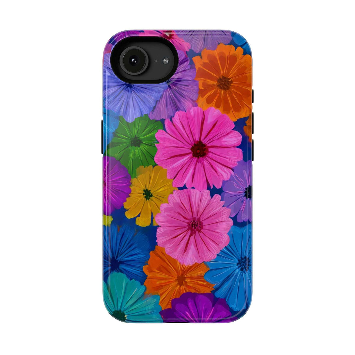 Floral bloom phone case with vibrant multicolor flowers and camera cutout