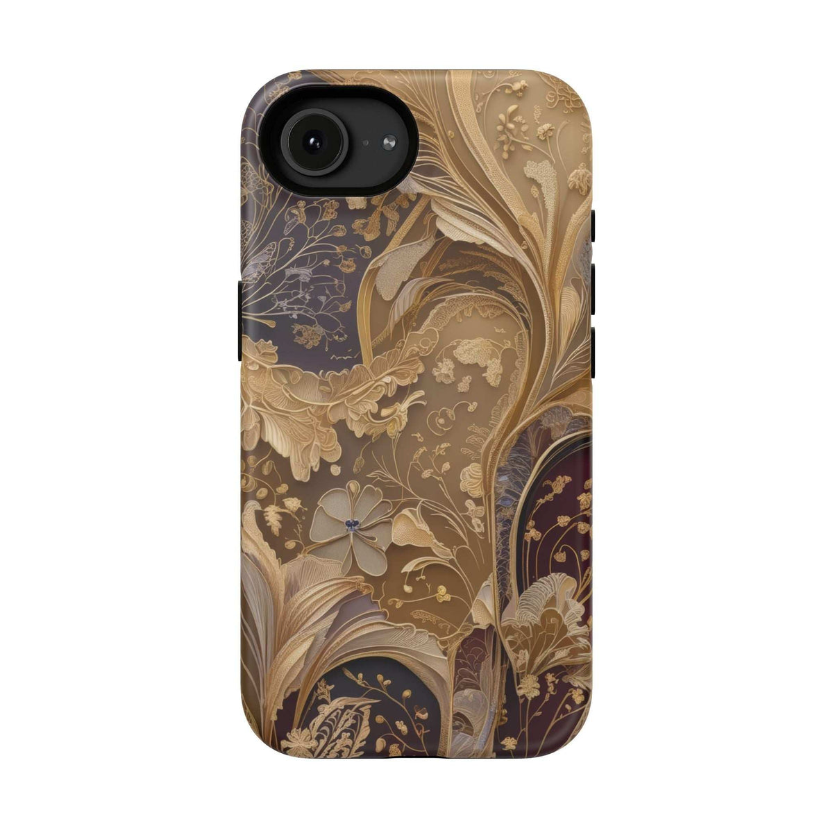 Botanical phone case with gold floral art, dark frame, camera cutout and raised rim