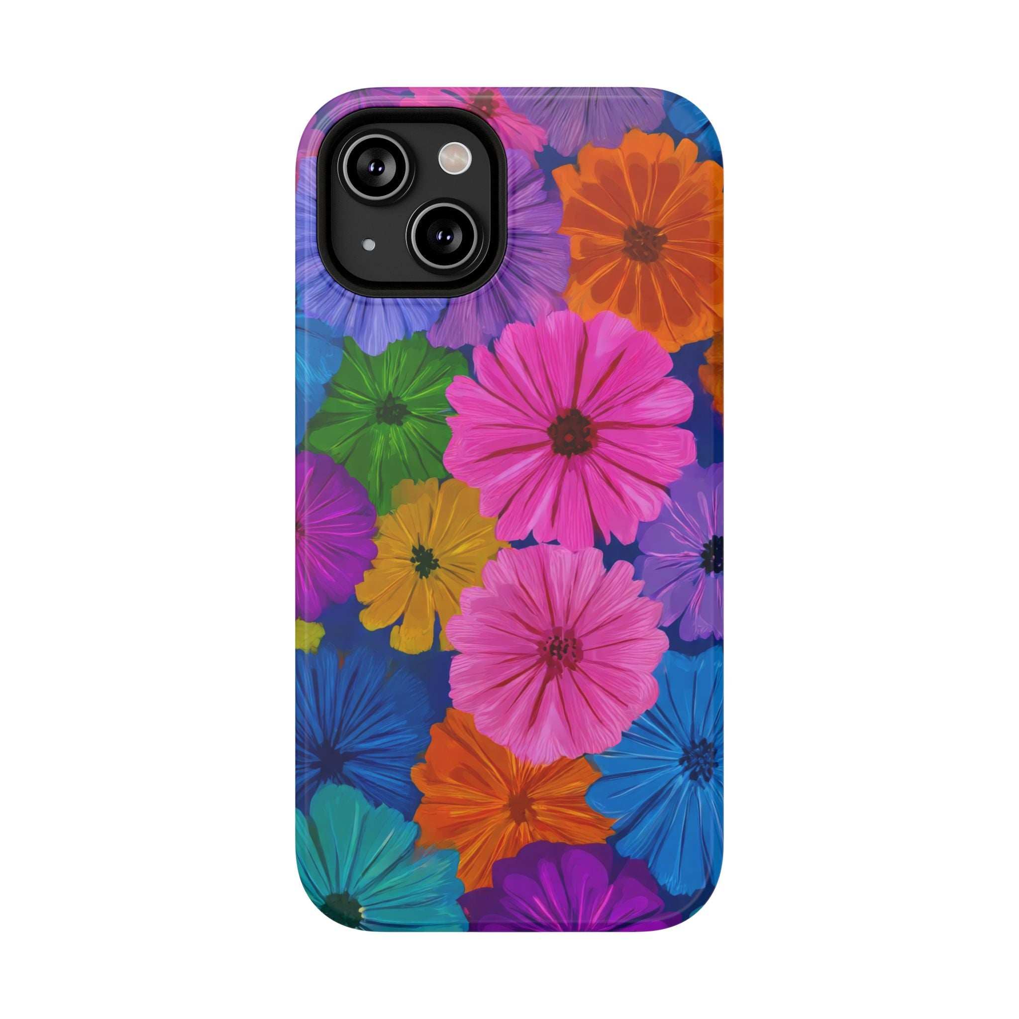 Colorful bloom-pattern phone case with black camera bezel and lens cutouts