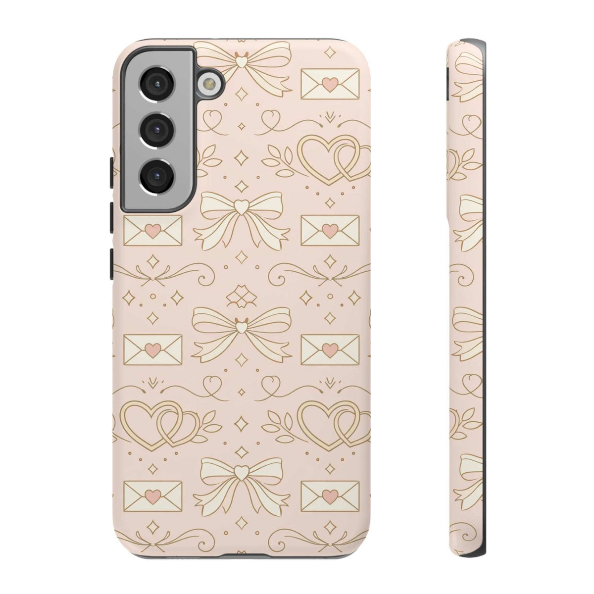 Blush pink tough phone case with heart and bow pattern; camera openings and slim side edge.