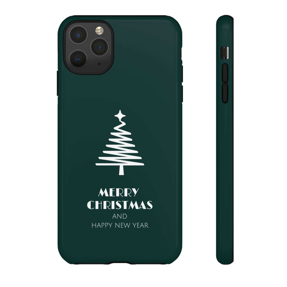 Glossy green Christmas phone case with white tree and 'Merry Christmas' text, side shown