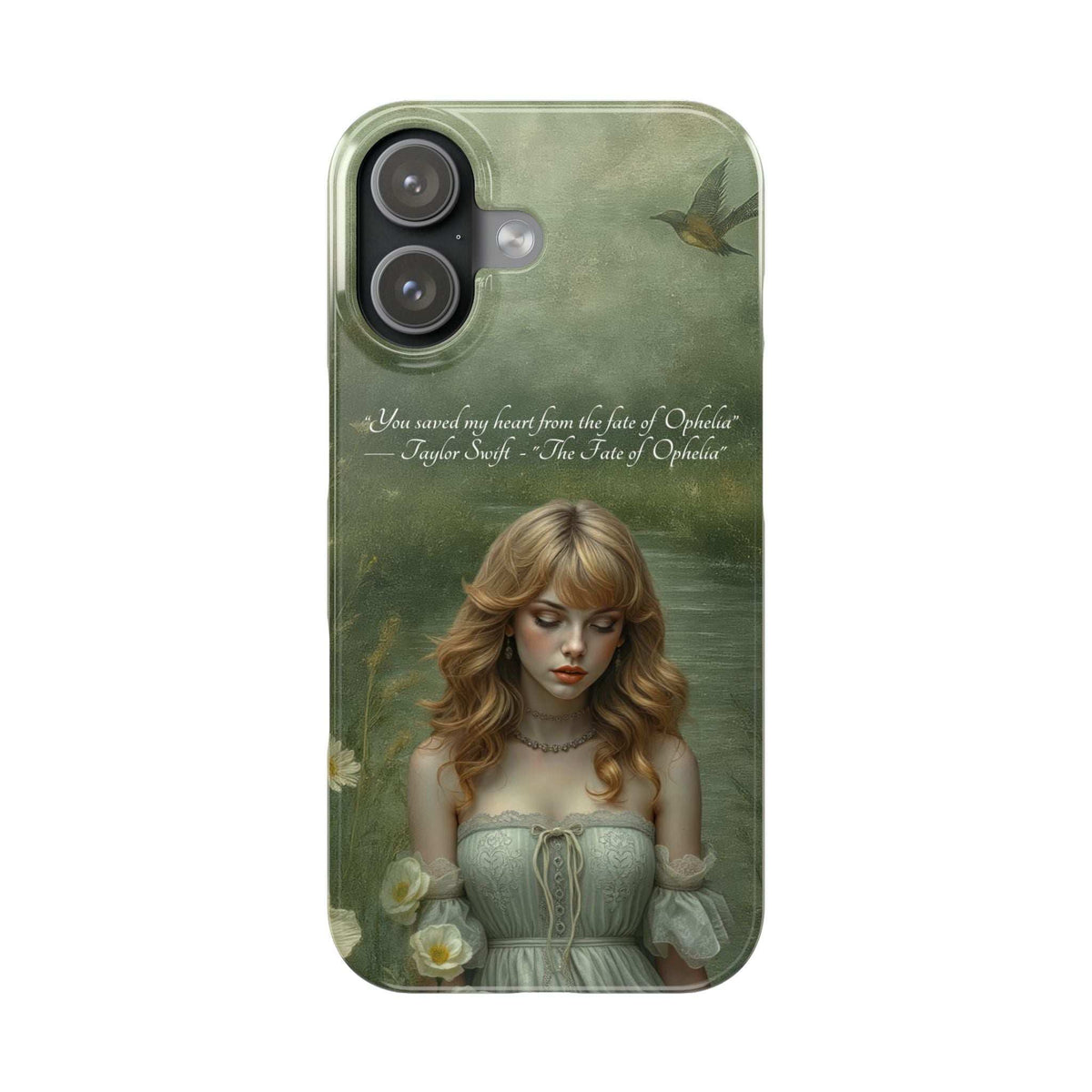 Green phone case with blonde portrait, bird detail, and camera openings.