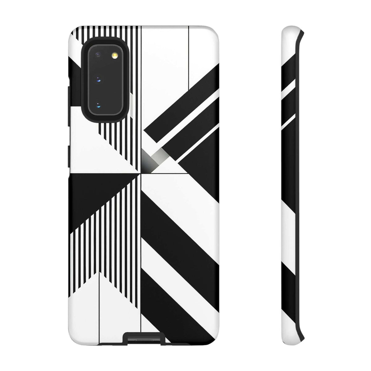 Tough phone case with black-and-white geometric stripes pattern, front and side