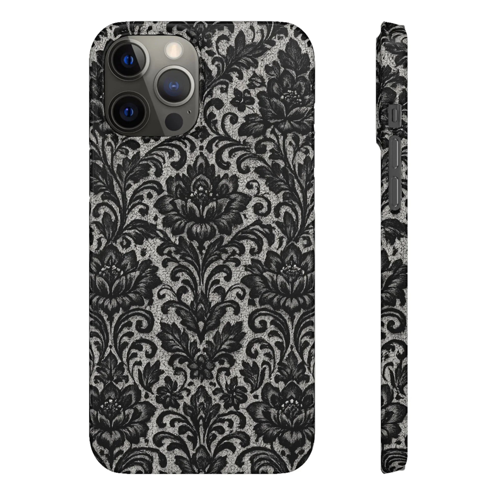 Black Damask Floral Phone Case for iPhone 11-17 and Galaxy S20-S25 - KARARMDESIGN