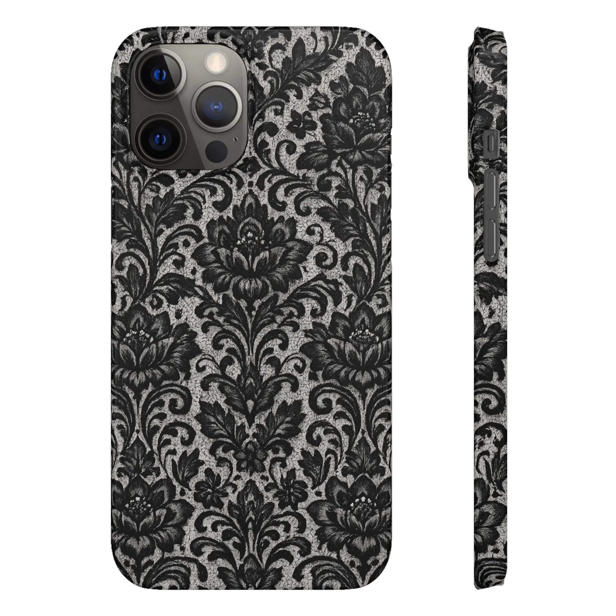 Black Damask Floral Phone Case for iPhone 11-17 and Galaxy S20-S25 - KARARMDESIGN
