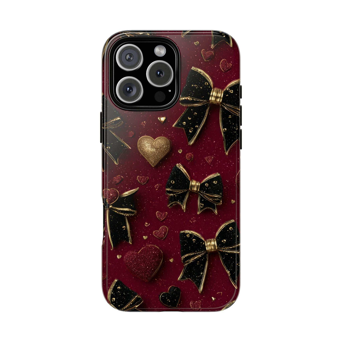 Burgundy velvet phone case with gold bows and hearts; visible camera cutouts.