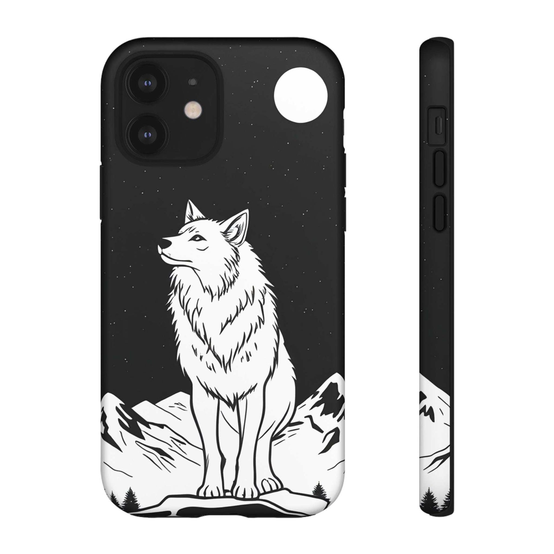 Black wolf phone case with white line art, moon circle detail, and camera lens openings