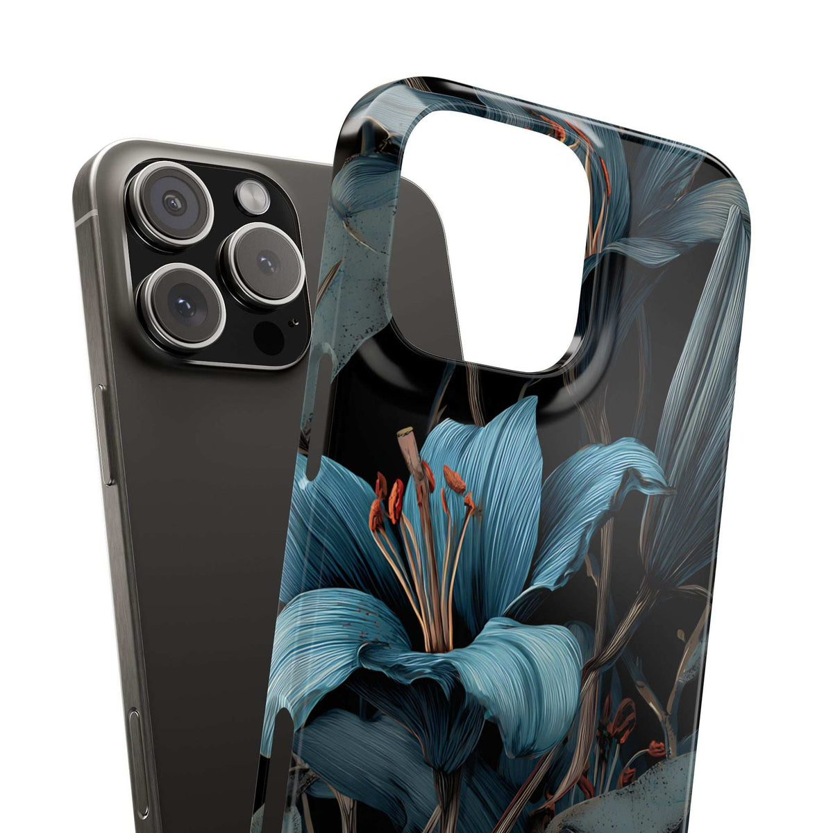 Phone case angled view with blue floral artwork and camera lens protectors