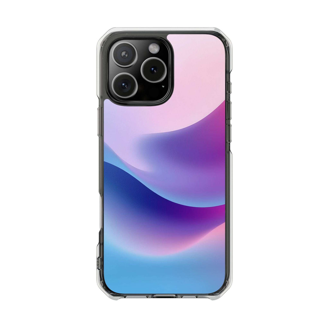 Pastel wave phone case with clear frame and triple-camera cutout; purple, blue, pink design