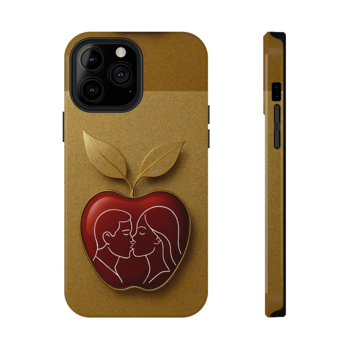 Glossy gold phone case with apple design and kissing couple graphic